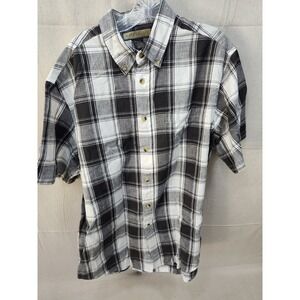 Naturalife Mens Large Black White Plaid Cotton Short Sleeve‎ Button Down Shirt